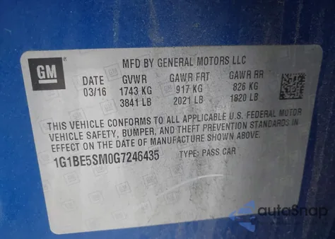 2016 Chevrolet Cruze Lt Auto z USA, uszkodzony, nr VIN 1G1BE5SM0G7246435